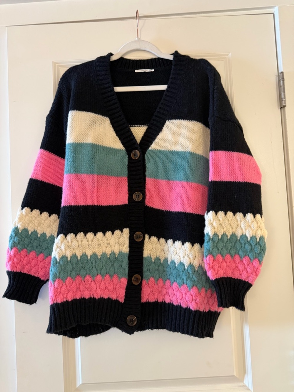 Timing Black Pink Teal Cream Striped Oversized Button-Up Cardigan